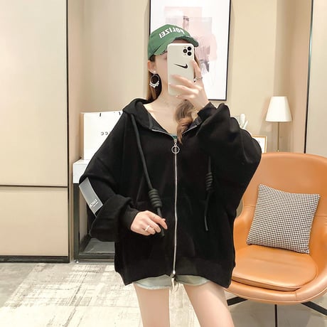 パーカー ジップアップ オーバーサイズ ボリューム袖 韓国ファッション レディース ストリート系 ランタンスリーブ ルーズ トップス フード付き DTC-625768715549