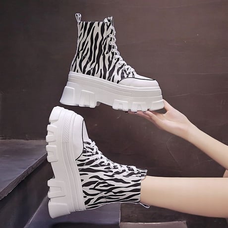 厚底 キャンバススニーカー ハイカット 22.5～24.5cm シューレース サイドファスナー ゼブラ柄 ベーシック カジュアル 大人可愛い ガーリー DTC-650901386927