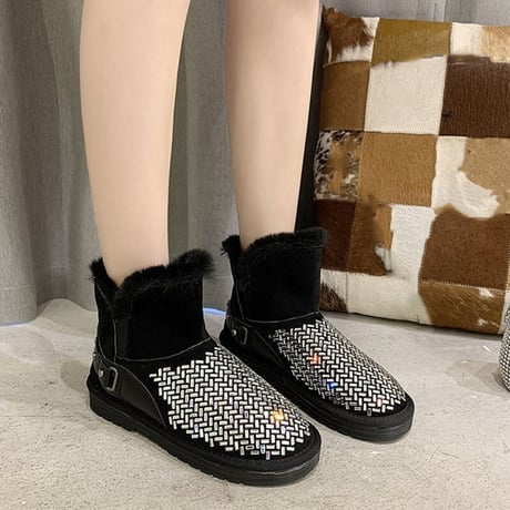 ムートンブーツ ファーブーツ ラインストーン 22.5～25.0cm 韓国ファッション レディース ファー ショートブーツ もこもこ 防寒 防水 カジュアル ガーリー 630731841770