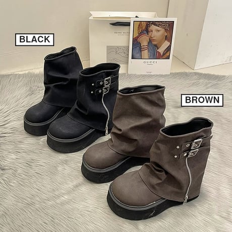 厚底 ショートブーツ 22.5～25.0cm バックル サイドジッパー 厚底ブーツ プラットフォーム ブーツ カジュアル 韓国ファッション レディース DTC-741312023736