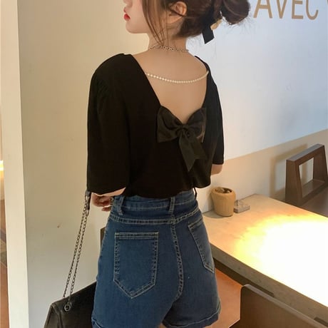 バックリボン Tシャツ 背中魅せ バックデザイン イミテーションパール 半袖 韓国ファッション レディース トップス リボン 肌魅せ 薄手 大人可愛い ガーリー DTC-641465921361