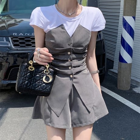 セットアップ フェイクレイヤードトップス ショートパンツ 半袖 ウエストゴム 2点セット レトロ 韓国ファッション レディース 大人可愛い ガーリー DTC-678960859657