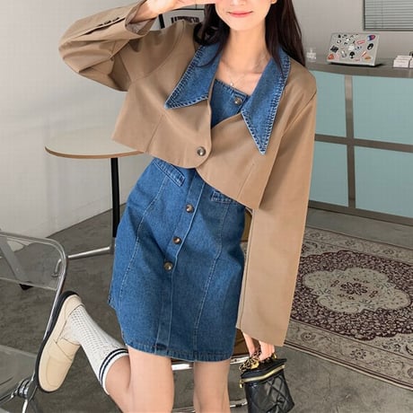 セットアップ 2点セット ショート丈ジャケット デニム襟 デニム キャミワンピース ハイウエスト レトロ 韓国ファッション レディース 大人可愛い ガーリー DTC-666178901302