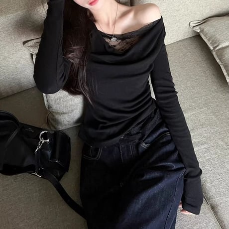 レース付き Tシャツ ワンショルダー スリムフィット ロンT トップス カットソー 長袖 レトロ 大人可愛い ガーリー DTCA-849082361382