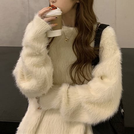 ファーニットセーター ファーセーター ニットセーター モヘアセーター 長袖 ルーズ 暖かい ゆったり レトロ 韓国ファッション レディース 大人可愛い ガーリー DTC-634715262616