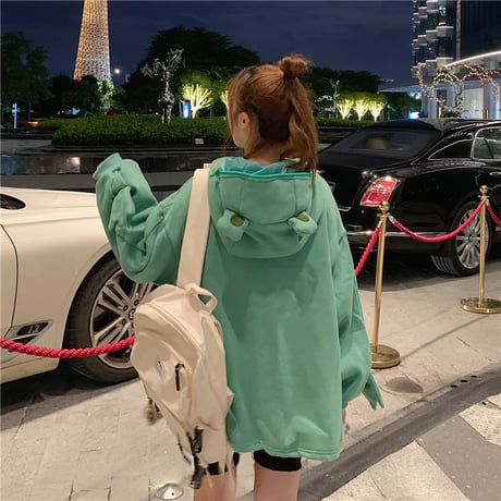 カエル パーカー プルオーバー フード ジップアップ ルーズ 韓国ファッション レディース ゆったり 防寒 カジュアル ストリートファッション DTC-627599529531