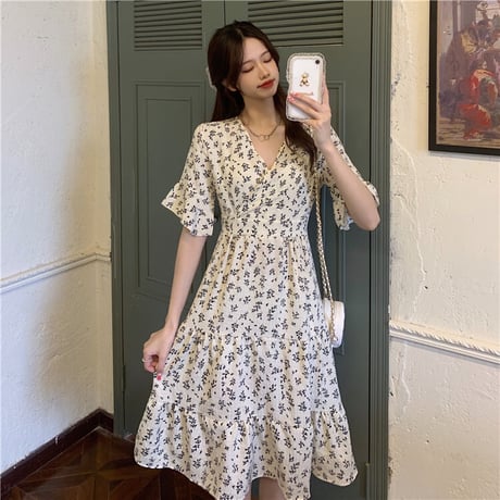 花柄ワンピース Vネック ハイウエスト 半袖 韓国ファッション レディース ワンピ フラワープリント 大人可愛い ガーリー DTC-640279162781