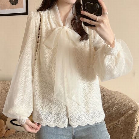 ブラウス リボンタイ  Vネック パフスリーブ 長袖 レトロ 韓国ファッション レディース 大人可愛い ガーリー フェミニン DTC-662818289310