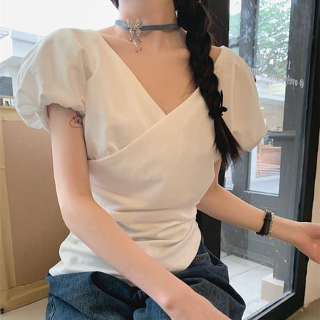 Tシャツ クロスデザイン Vネック パフスリーブ 薄手 半袖 レトロ 韓国ファッション レディース 大人可愛い ガーリー DTC-715100887328