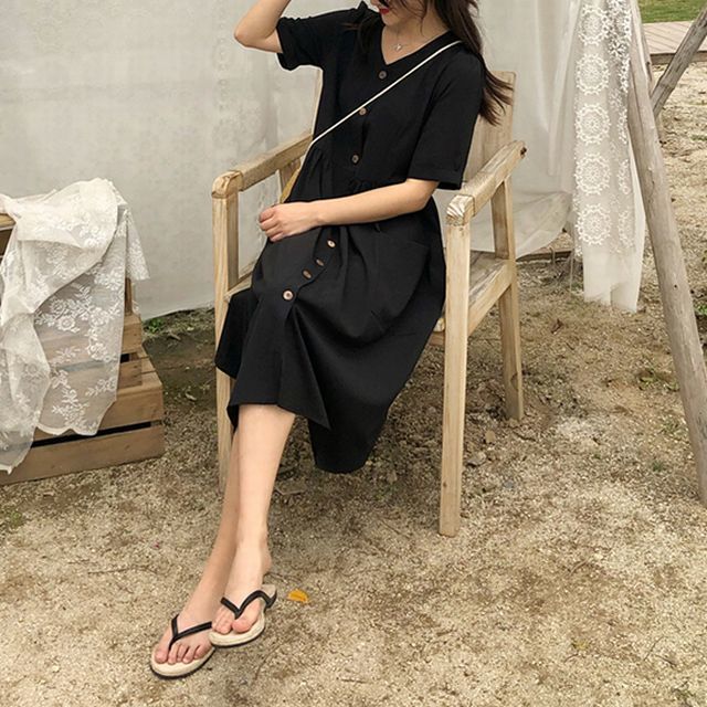 Vネック Aライン シャツワンピース 上品 レトロ フロントボタン レディース フロントボタン ワンピース Vネック シャツ