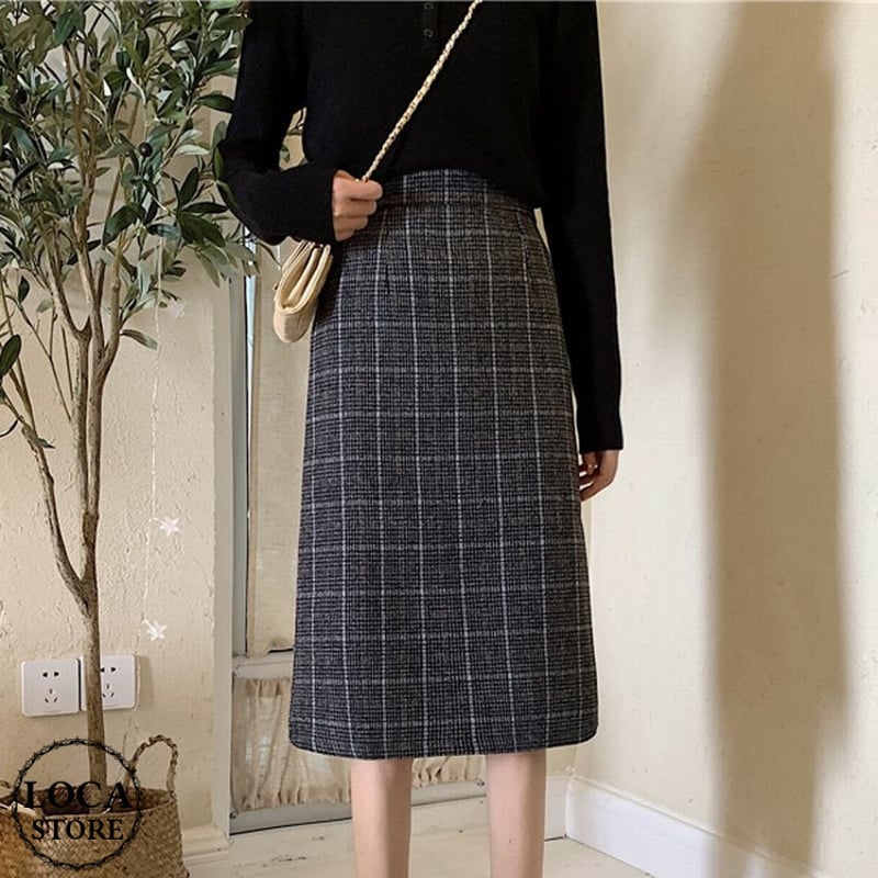 ロングスカート グレー チェック柄 韓国ファッション レディース 台形