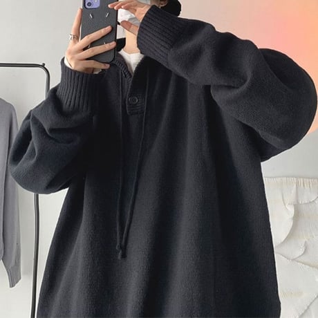 ユニセックス ニットパーカー ハーフボタン プルオーバー フード付き ニット 長袖 オーバーサイズ 韓国ファッション メンズ レディース ストリート系ファッション DTC-684636512220