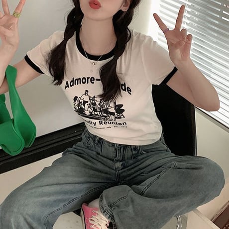 レトロプリント Tシャツ ショート丈 半袖 クルーネック スリムフィット レトロ カジュアル ストリートファッション ストリート系女子 DTCA-702505709620