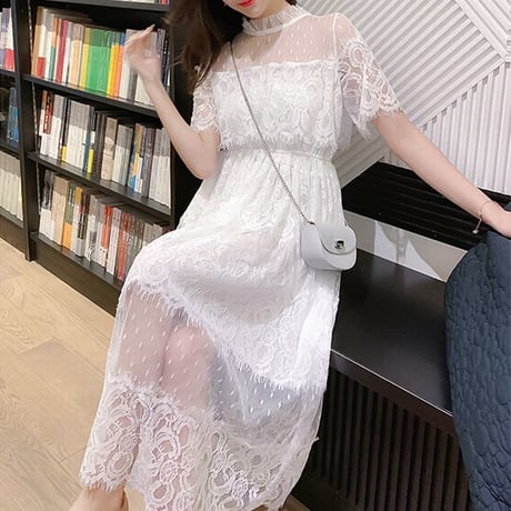 総レース シフォンワンピース ハイウエスト ラウンドネック レースワンピース フェミニン 韓国ファッション レディース 大人可愛い ガーリー DCT-593815603770