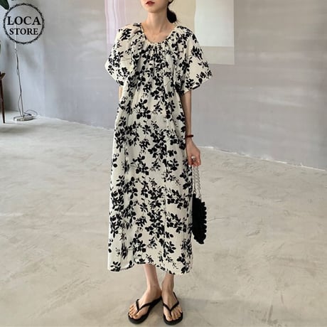 花柄 ワンピース 半袖 ハイウエスト ロング丈 薄手 ルーズ 韓国ファッション レディース 大人可愛い ガーリー フェミニン DTC-638662114410