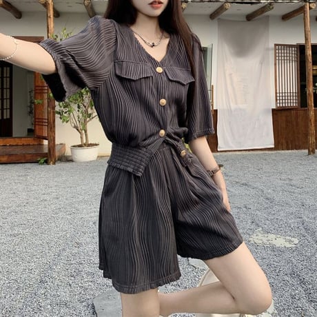 セットアップ 上下セット ノーカラージャケット ショートパンツ 半袖 ハイウエスト レトロ 韓国ファッション レディース 大人可愛い ガーリー カジュアル DTC-715103041687