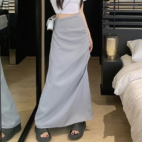 ロングスカート スリット ギャザー ハイウエスト スリム Aライン スカート レトロ 韓国ファッション レディース 大人可愛い ガーリー DTC-704946881913