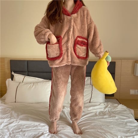 【ルームウェア】 フード付き パジャマ セットアップ トップス + パンツ ラビット フリース ウサギ 長袖 上下セット 長袖 韓国ファッション レディース ガーリー 627124813627