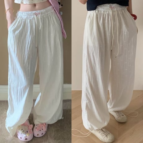 リボン柄 ワイドパンツ レース ドロスト 薄手 ハイウエスト ボトムス ルーズ レトロ 韓国ファッション レディース 大人可愛い ガーリー DTC-804871755526