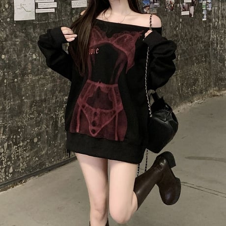 2way オフショルダー トップス セクシープリント スウェット オーバーサイズ ロンT トレーナー 長袖 韓国ファッション レディース 大人可愛い ガーリー DTCA-825951976485