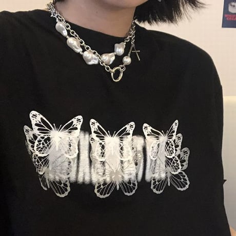 Tシャツ バタフライ柄 クロップド丈 ショート丈 半袖 へそ出し ブラック レトロ 韓国ファッション レディース 大人可愛い ガーリー カジュアル ストリート系 DTC-618248734673