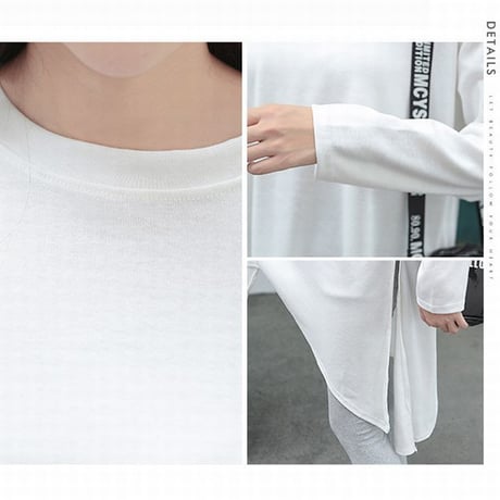 スリットTシャツ ロング丈 全3色 韓国ファッション レディース チュニック ワンピース ゆったり ラウンドネック 無地 ストリート (1RIRIT-025)