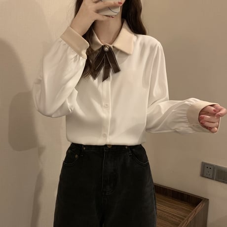シャツ ブラウス リボンタイ パフスリーブ ルーズ 長袖 レトロ 韓国ファッション レディース 大人可愛い ガーリー DTC-659642910608
