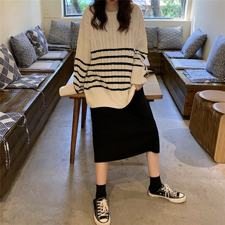 ニット セーター ケーブル編み ボーダー ラウンドネック ルーズ 韓国ファッション レディース トップス ゆったり 大きめ プルオーバー 大人カジュアル 大人可愛い DTC-630816692668
