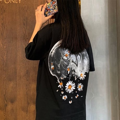 ユニセックス Tシャツ 半袖 ラウンドネック デイジープリント オーバーサイズ 韓国ファッション メンズ レディース 大きいサイズ ストリートファッション DTC-619619211600