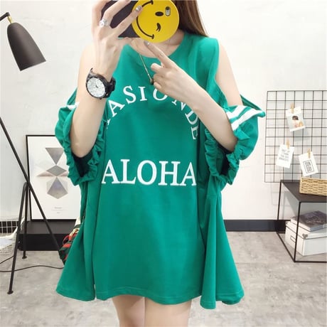 レディース ゆったり 肩出し 肩開き Tシャツ 半袖 チュニック オフショルダー 韓国ファッション オルチャン (DCT-676336915183)