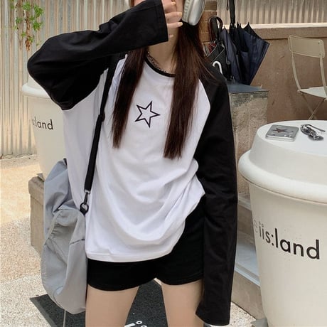 tシャツ バイカラー ラグランスリーブ スター 星 オーバーサイズ トップス ロンT 長袖 ゆったり 体型カバー カジュアル レトロ 韓国ファッション レディース DTCA-778096918717