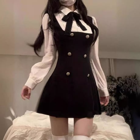 フェイクレイヤード ミニワンピース リボン シャツワンピース ウエストスリム フェイクツーピース ワンピース ハイウエスト 長袖 レトロ 大人可愛い ガーリー DTCA-764003403280