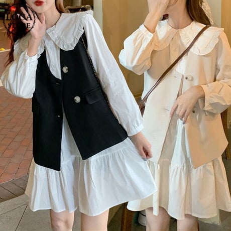 セットアップ ワンピース ＋ ベスト ルーズ 長袖 韓国ファッション レディース 2点セット Aラインスカート かわいい ガーリー フェミニン DTC-624602746823