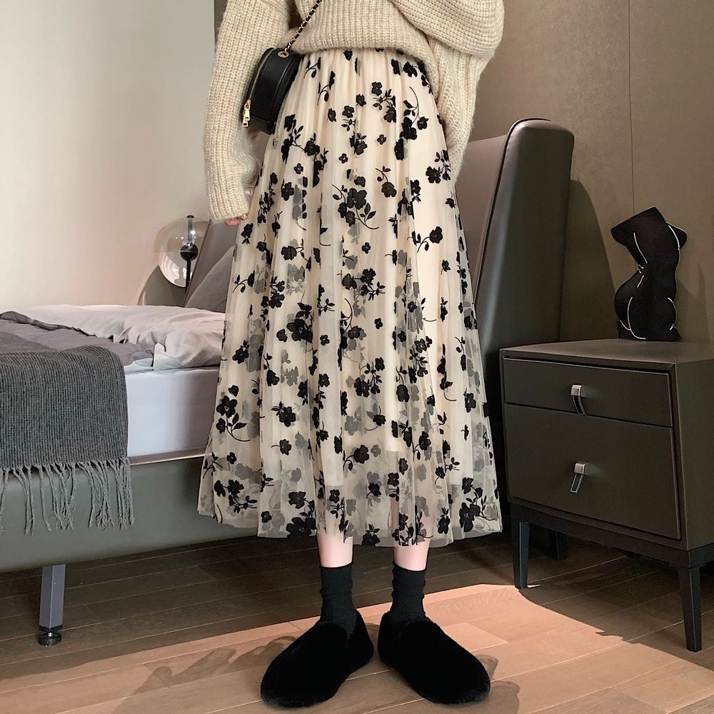 花柄チュールスカート レース ギャザー ロング丈 ハイウエスト