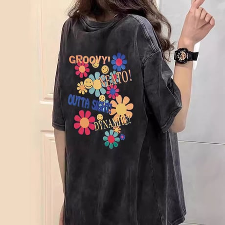 ユニセックス tシャツ ウォッシュ加工 スマイリー デイジー プリント ヴィンテージ風 トップス 半袖 オーバーサイズ カジュアル ストリート男子 ストリート女子 DTCA-747198653553