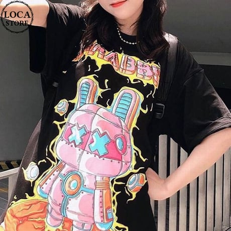 ユニセックス Tシャツ 半袖 「X-RABBIT」 ロボットうさぎ オーバーサイズ カジュアル 韓国ファッション メンズ レディース 韓国ストリートファッション DTC-641627886219