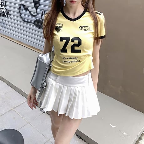 Tシャツ ユニフォーム風 サイドライン Vネック ショート丈 バイカラー トップス 半袖 レトロ 韓国ファッション レディース 大人可愛い ガーリー スポーツミックス DTC-802799667904