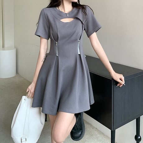 胸開き ワンピース ウエストジッパー 半袖 Aライン ハイウエスト ミニワンピース レトロ 韓国ファッション レディース 大人可愛い レトロ ガーリー DTC-679416409038