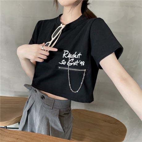 クロップド丈 Tシャツ チェーン ジッパー へそ出し 半袖 ラウンドネック ルーズ 韓国ファッション レディース ショート丈 トップス 夏 大人可愛い ガーリー DTC-641446433745