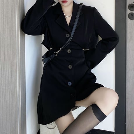 スーツワンピース オープンバッグ 背中開き 背中見せ ワンピース ハイウエスト 長袖 レトロ 韓国ファッション レディース 大人可愛い ガーリー ゴシック DTC-650160435855