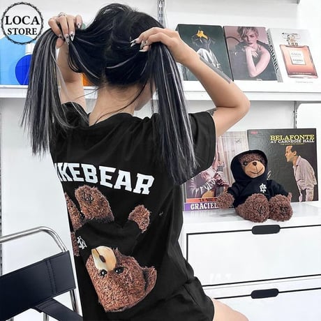 ユニセックス Tシャツ 半袖 クマ ベアー バックプリント オーバーサイズ カジュアル ストリート系ファッション 韓国ファッション メンズ レディース DTC-678305018412