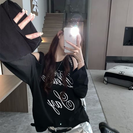 オープンショルダー tシャツ 長袖 レタープリント ロンt 肩開き トップス クルーネック ルーズ レトロ 韓国ファッション レディース 大人可愛い ガーリー DTC-821642982308