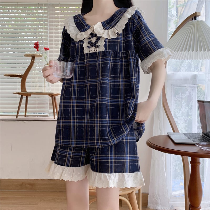ルームウェア パジャマ セットアップ チェック柄 フリル トップス  