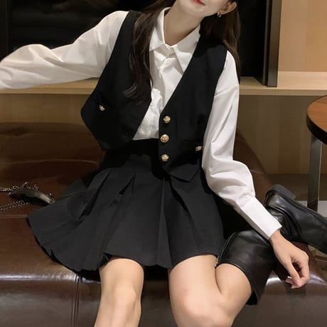 3点セット シャツ ベスト プリーツスカート ハイウエスト レトロ セットアップ 韓国ファッション レディース  大人可愛い ガーリー フェミニン DTC-655988533992
