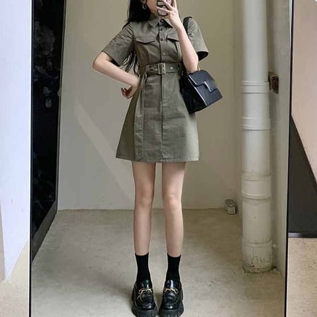 ミリタリー風 シャツワンピース 半袖 ミニワンピース ウエストマーク 襟付き ワンピース ハイウエスト レトロ 韓国ファッション レディース 大人可愛い ガーリー DTC-676708616383