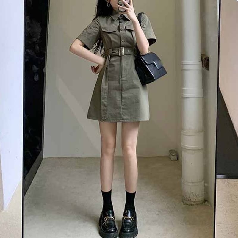 ミリタリー風 シャツワンピース 半袖 ミニワンピース ウエスト