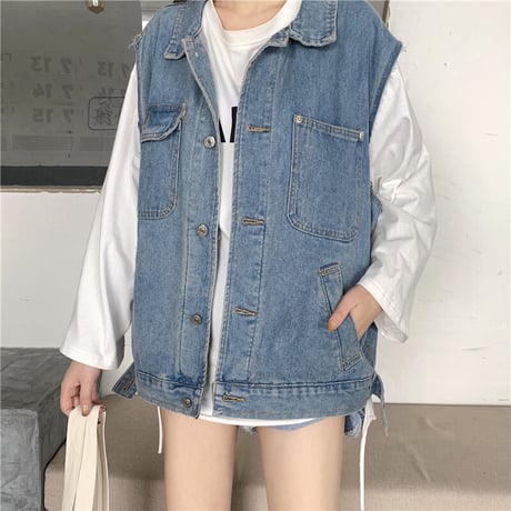 デニムベスト デニムジャケット 韓国ファッション レディース ベスト ノーカラージャケット ジージャン Gジャン DTC-611766440465