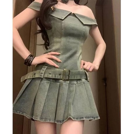 デニムワンピース ノースリーブ オフショルダー Aライン デニム ミニワンピース レトロ 大人可愛い ガーリー Y2Kファッション DTCA-803483945595