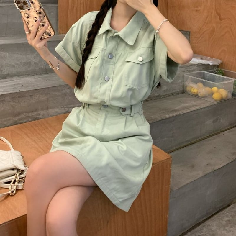 ミリタリー風 デニム ワンピース ウエストマーク ミニ丈 半袖 ミリタリー風 デニム ワンピース ウエストマーク ミニ丈 半袖