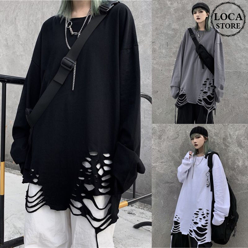 addup 長袖カットソー　ダメージ加工　韓国製 ユニセックス Tシャツ 長袖 ダメージ加工 無地 ロンT オーバー